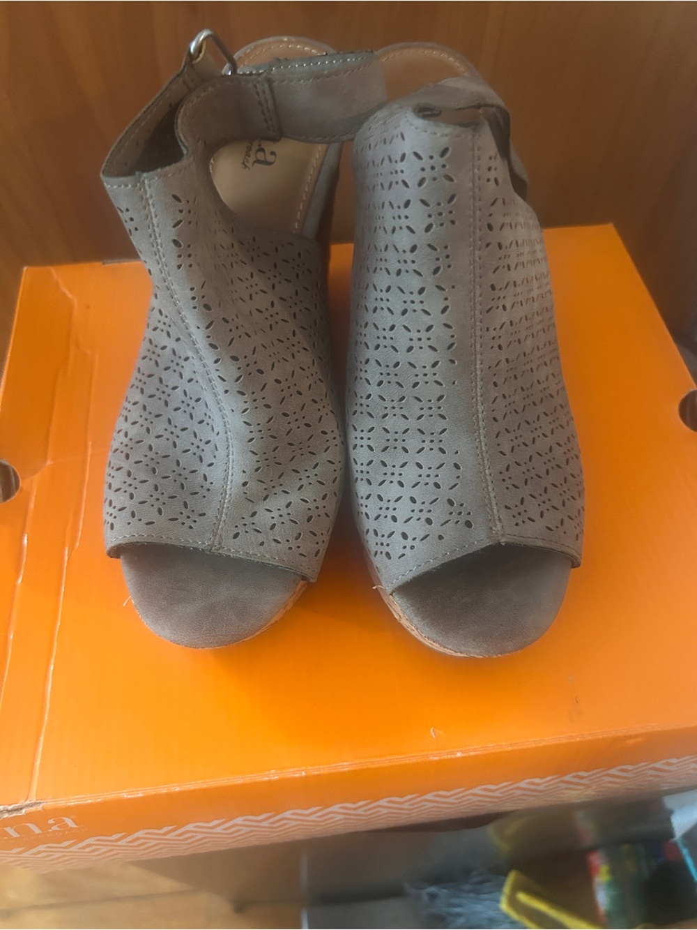 Anastasia Beverly Hills Gray Laser-Cut Peep Toe Platform Wedges